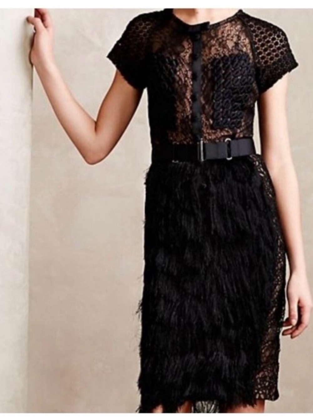 Black Lace & Textured Short-Sleeve Dress with Belt